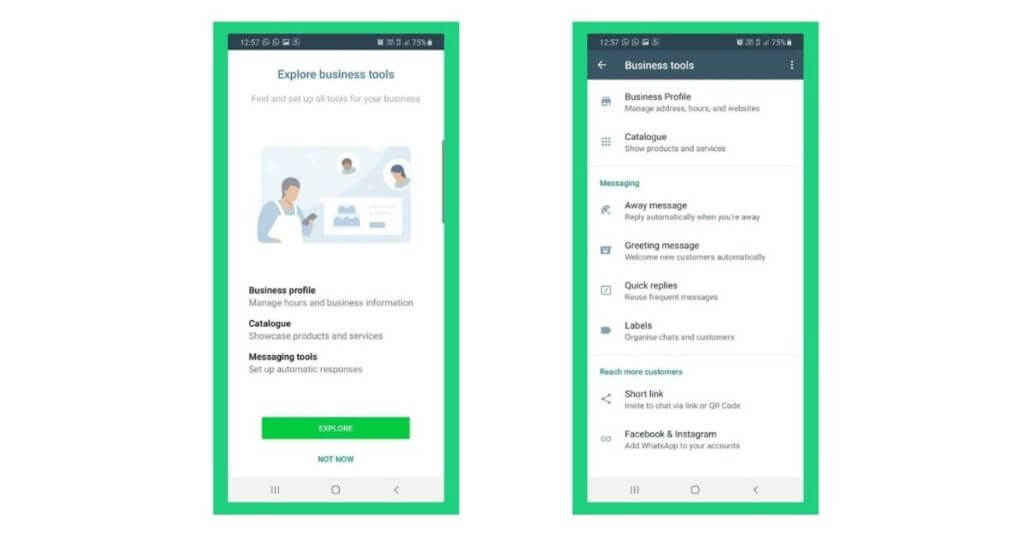 whatsapp business account explore tools section
